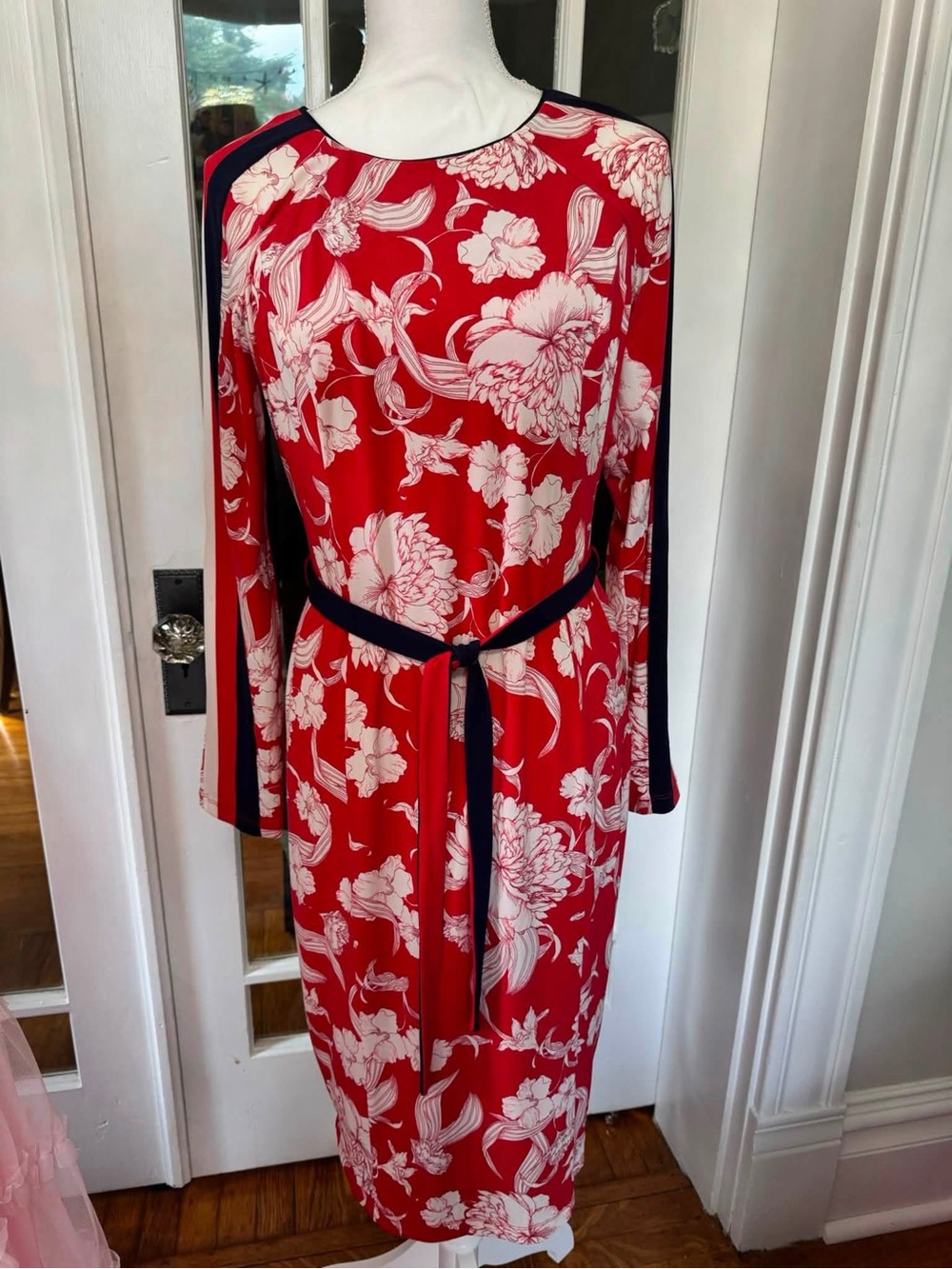 Maggy London Red and White Floral Midi Dress with Navy Trim